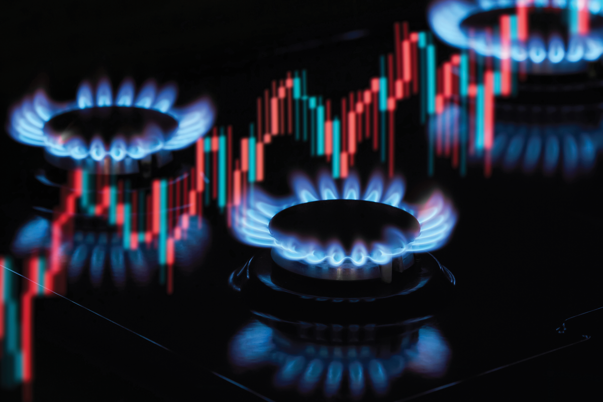 photo of natural gas flame burners with rising stock chart image to denote fluctuations in gas supply. Purchased from istockphoto April 2026