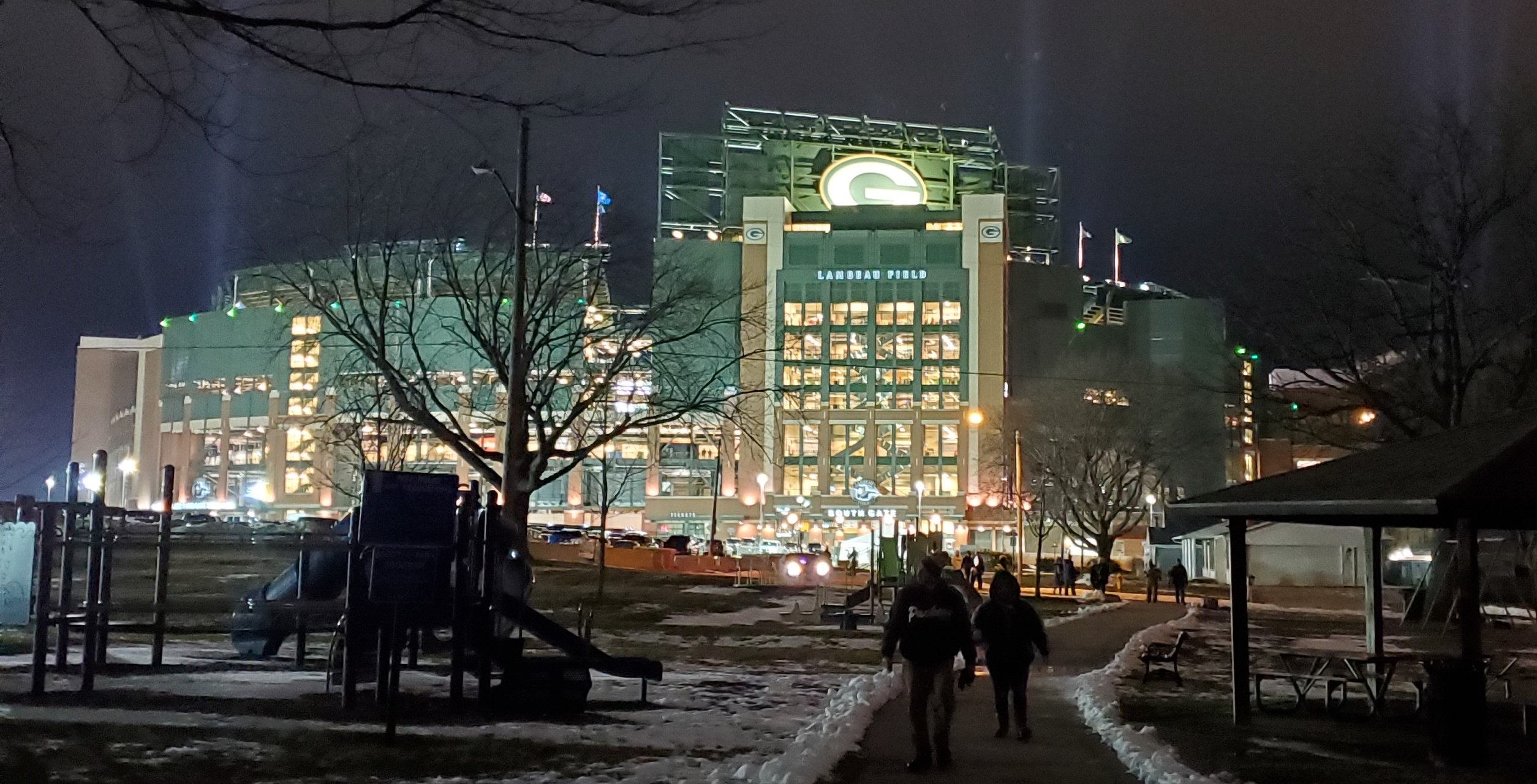 Lambeau field lit up at night