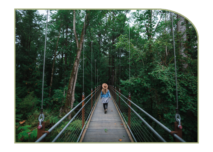 a young woman walks away from the camera on a suspended wooden walkway through a forest