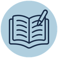 a line drawing of a notebook and pencil inside a light blue circle