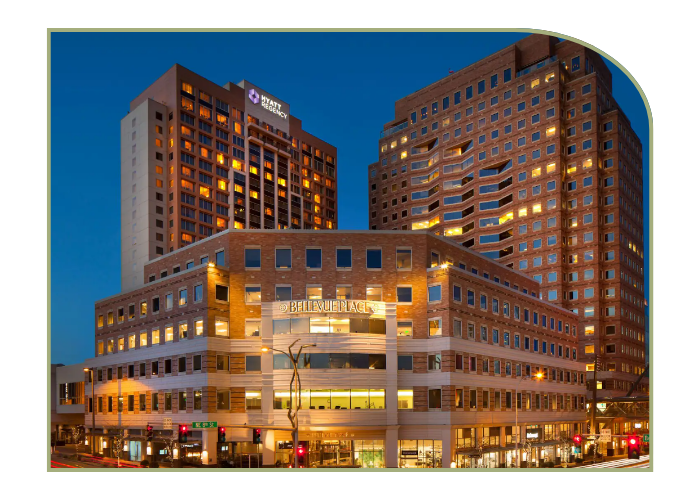 Outside of the Hyatt Regency hotel at sunset