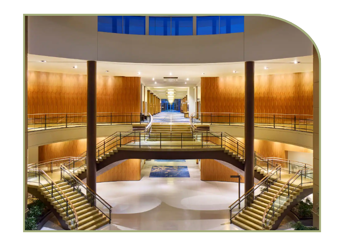 cascading staircase inside a hotel