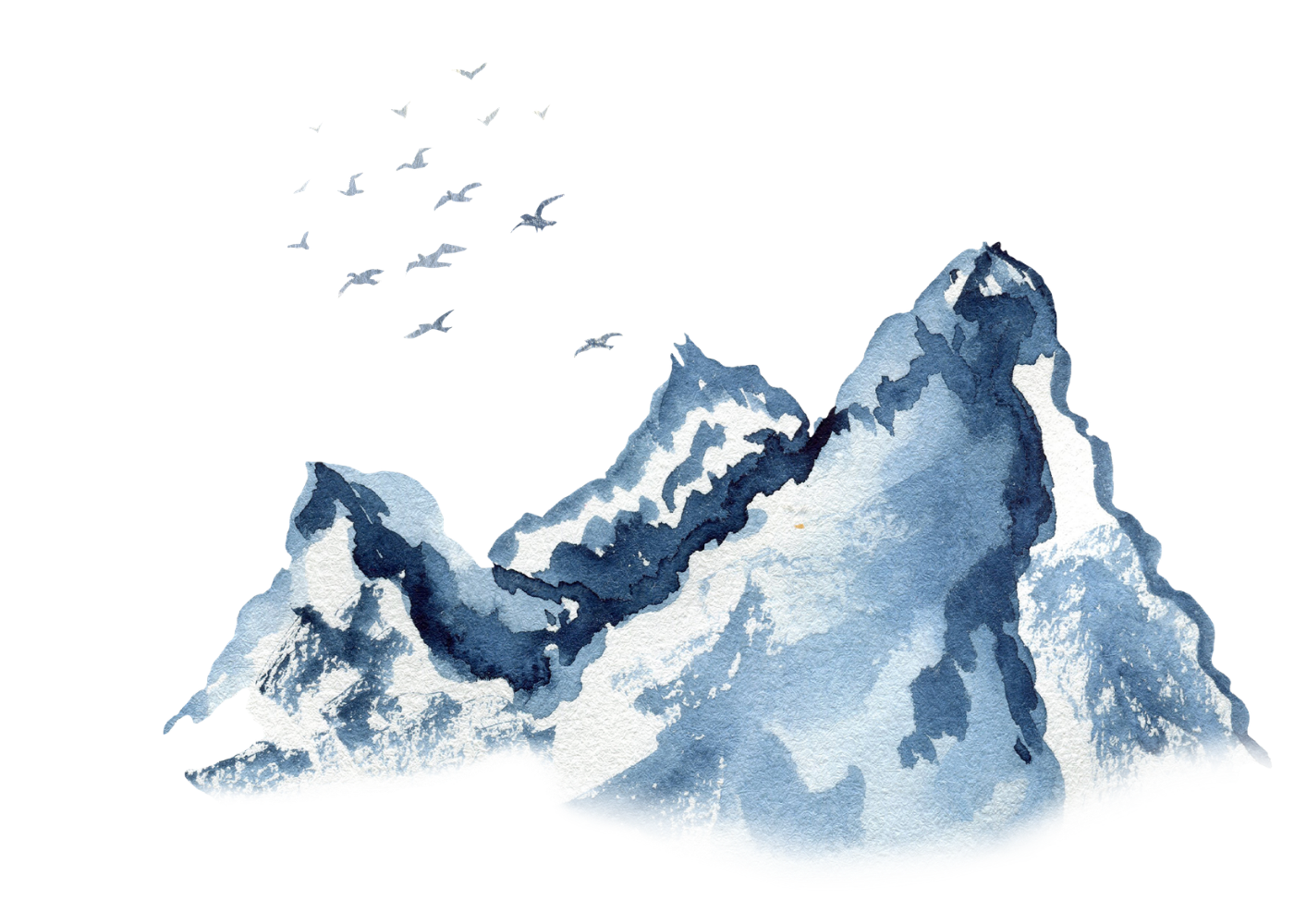 a watercolor painting of a three peak mountain range with birds flying overhead in the distance. The mountains and birds are in shades of blue