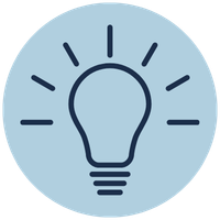 A line drawing of a lightbulb in a light blue circle