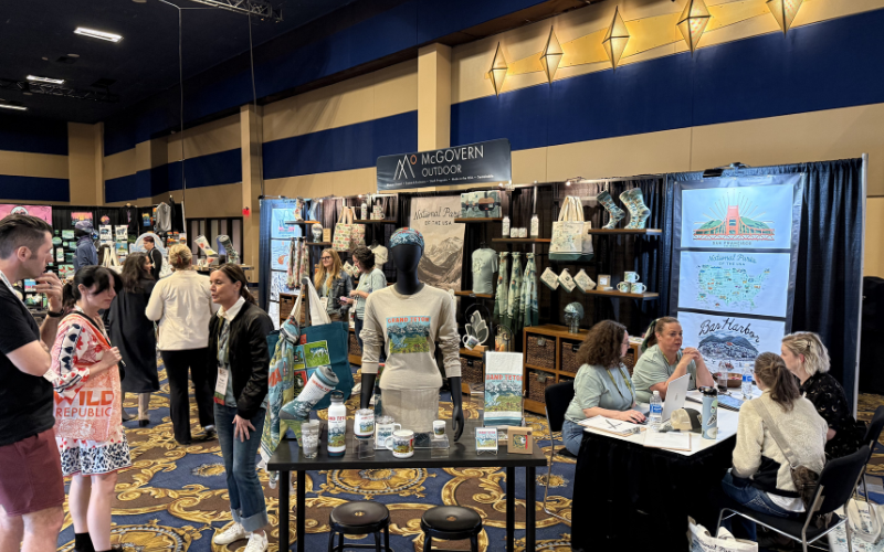 a trade show booth with buyers