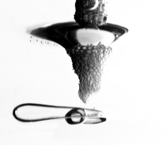 An antibubble has been trapped by the attraction field of the vortex. The antibubble elongates and wound around the whirl eye. The antibubble forms loops and is extremely elongated before popping. An antibubble has been trapped by the attraction field of the vortex. The antibubble elongates and wound around the whirl eye. The antibubble forms loops and is extremely elongated before popping.