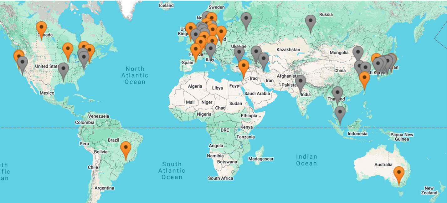 The map of light sources worldwide (https://lightsources.org/lightsources-of-the-world/). Orange pins on the map represent members of the lightsources.org collaboration.