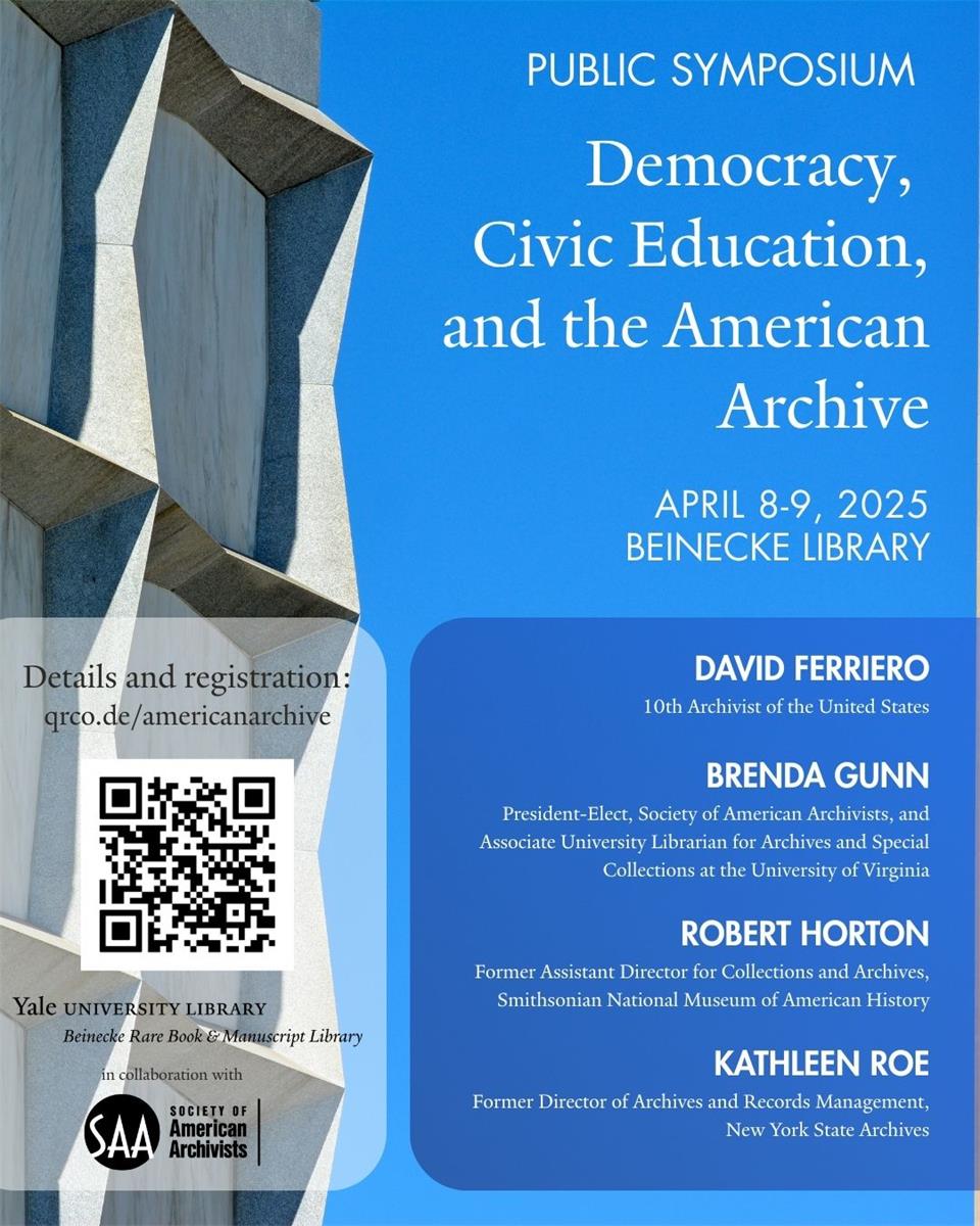 Blue background with outline of Beinecke Library and text about the event