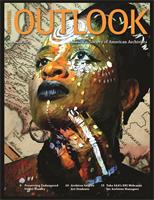 A painting of a Black woman looking up against a background of an old map of South Africa. The painting is part of a triptych done by visual communication design student Jeremiah Arlington at the University of Texas at Arlington. 