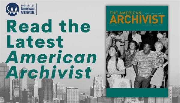 The cover of the newest issue of American Archivist against a black-and-white cityscape.