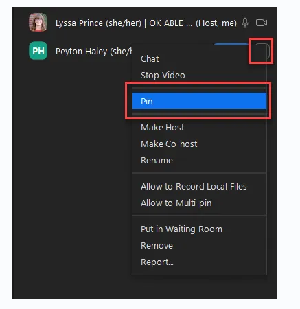 A screenshot of the Zoom participants list with the menu for a participant expanded and pin button highlighted.