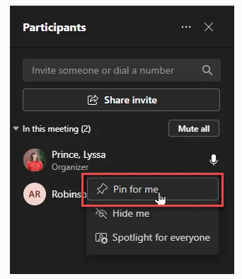 A screenshot of the Teams People list with the menu for a person expanded and pin button highlighted.