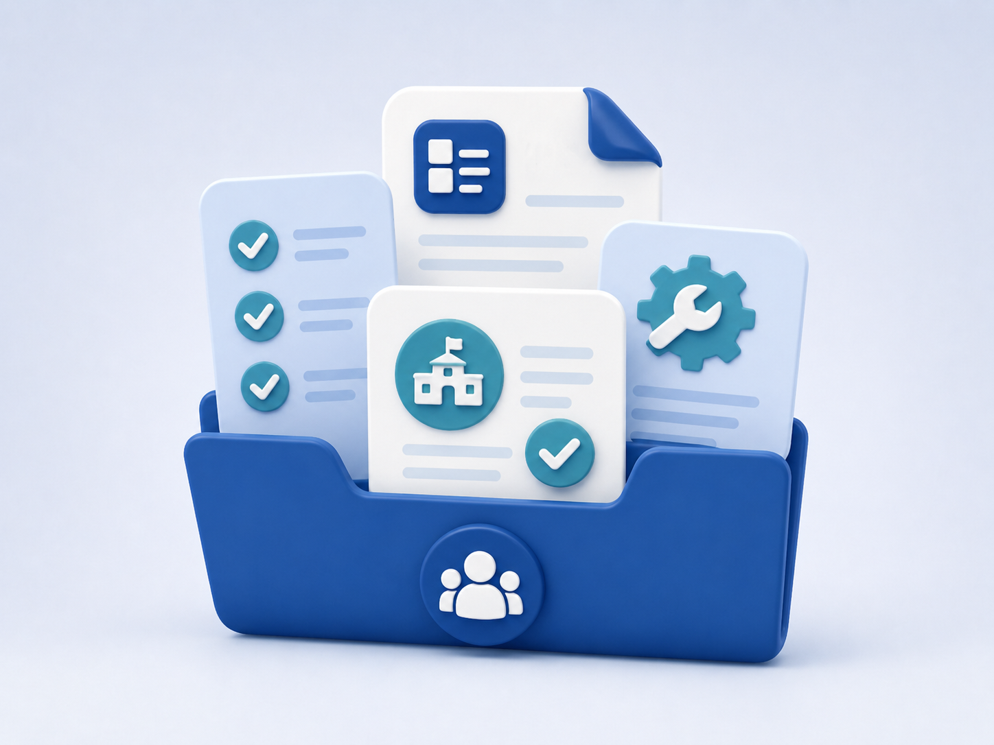 Illustration of a resource folder with checklists, templates, tools, and district-tested documents shared by ASBO Network members.