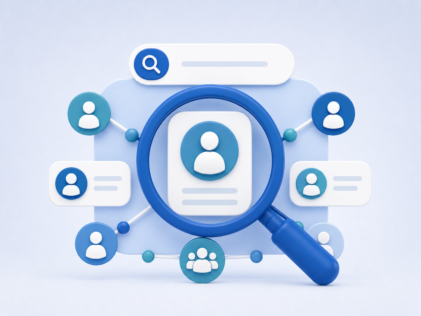 Illustration of a directory search with member profile cards and connected user icons, representing ASBO members finding peers and trusted industry suppliers.
