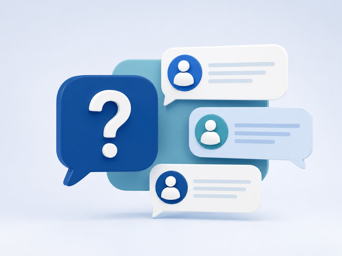 Illustration of a question bubble with member reply cards, representing school business professionals asking questions and exchanging peer insight in the ASBO Network.