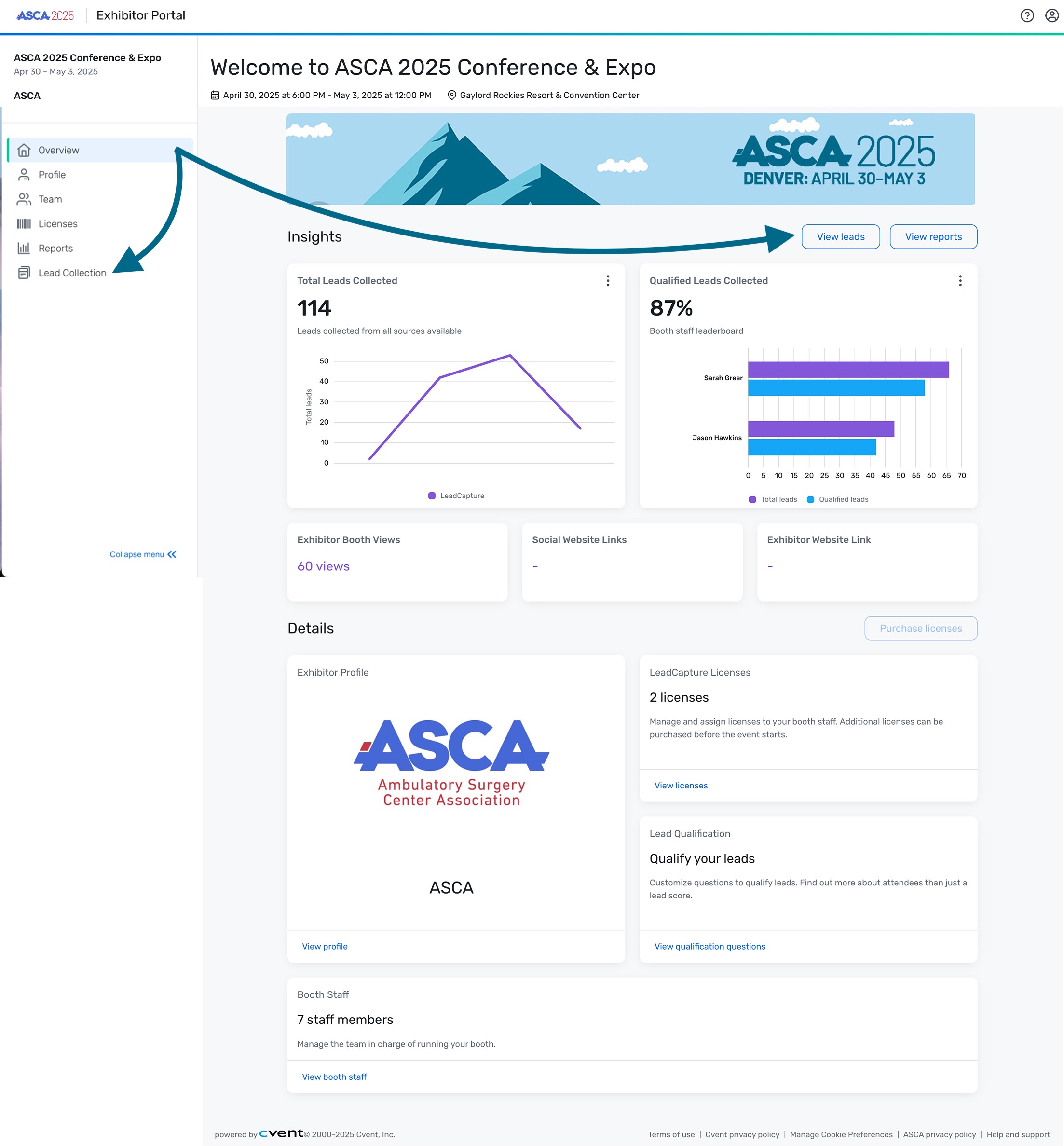 Lead retrieval exhibitor portal screenshot showing how to view leads.