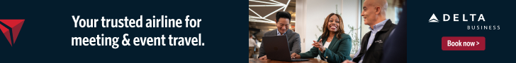 Delta Business ad: 'Your trusted airline for meeting & event travel.' Photo of three business professionals collaborating around a laptop, with the Delta logo and a 'Book now' button.