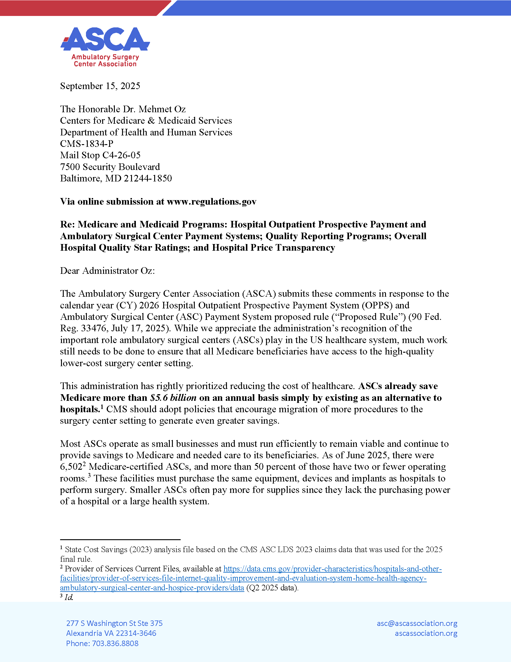 ASCA Comment Letter: 2026 OPPS/ASC Payment System Proposed Rule thumbnail