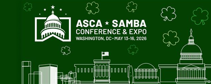 Promotional banner for the ASCA + SAMBA Conference & Expo in Washington, DC, May 13–16, 2026, featuring a green background with illustrated DC landmarks and shamrock decorations.