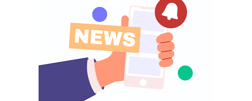  Hand holding a smartphone with a "NEWS" sign, accompanied by notification and alert icons.