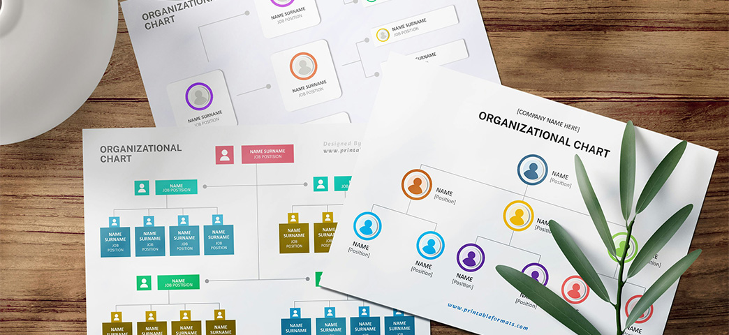Organizational charts on a desk.