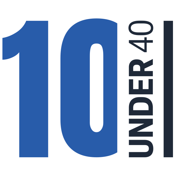 10 Under 40 logo featuring large blue numerals 
