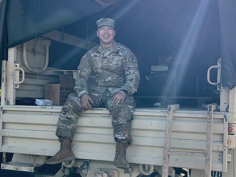 Austin in an army truck.