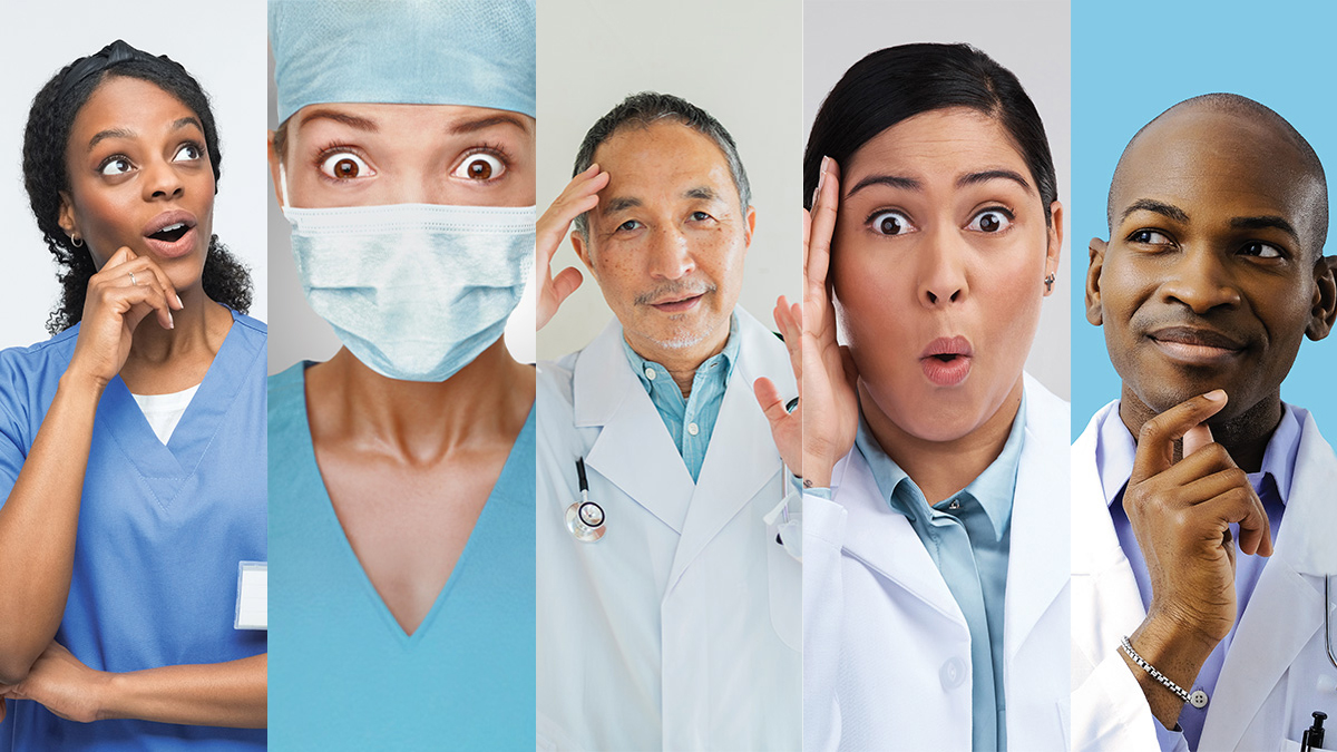 Five images of medical professionals.