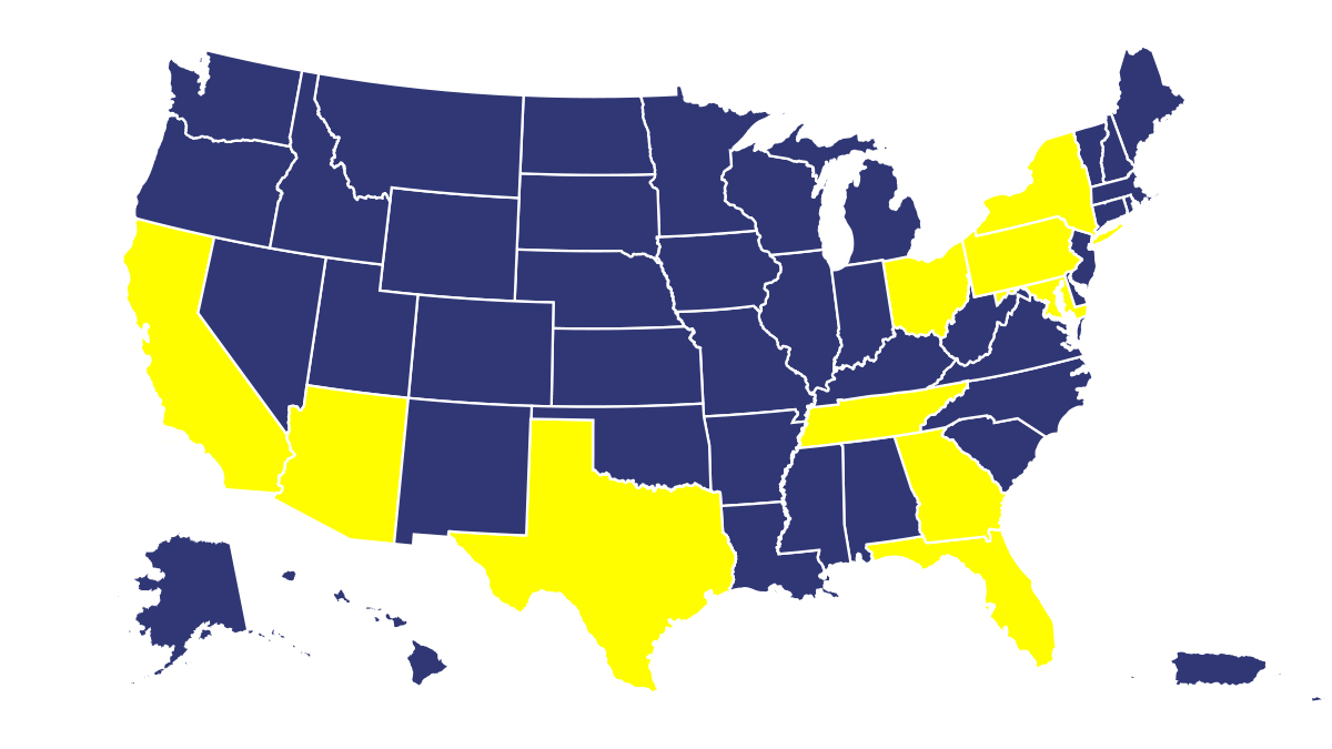A map of the US shown in blue and yellow.