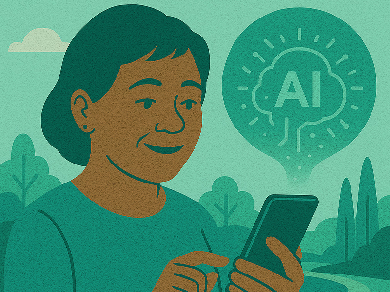 An illustration of a woman looking at her phone with an AI bubble.