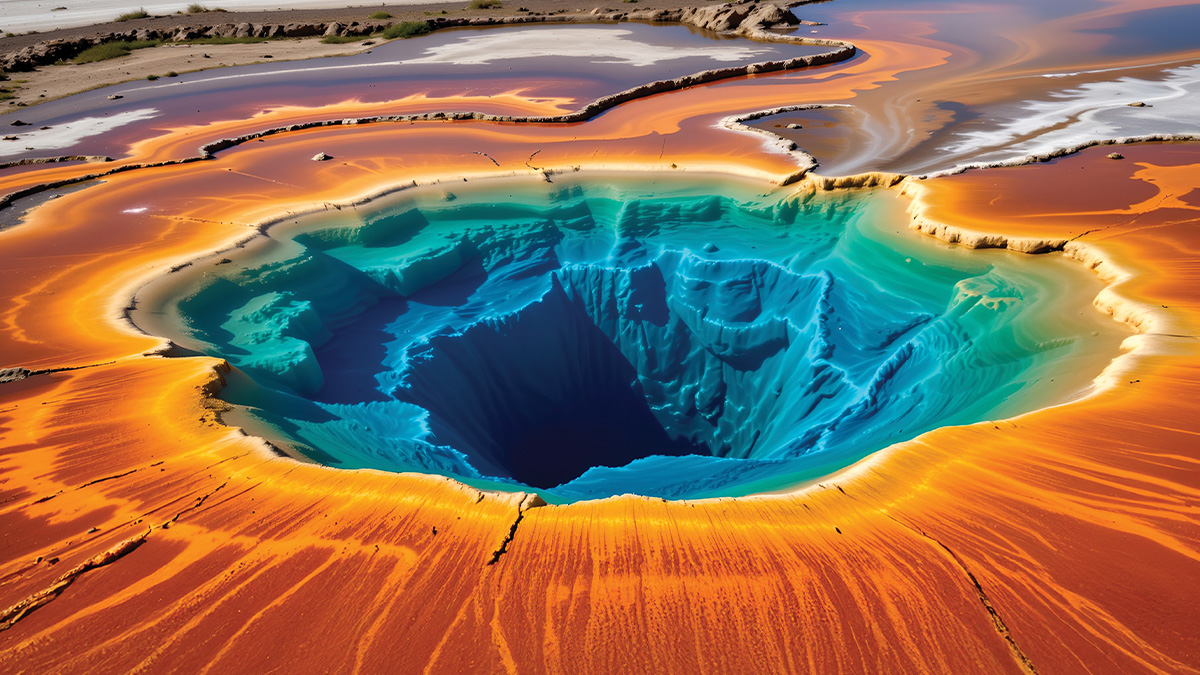 Aerial view of a vividly colored hot spring with concentric rings of orange, teal and deep blue surrounding a dark central vent.