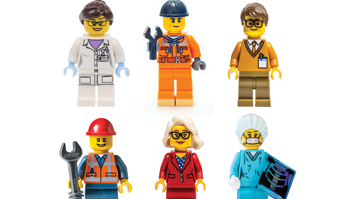 Six LEGO minifigures representing an ASC team, including a lab worker, construction workers with tools, an office worker, a businesswoman, and a surgical staff member holding an X-ray.