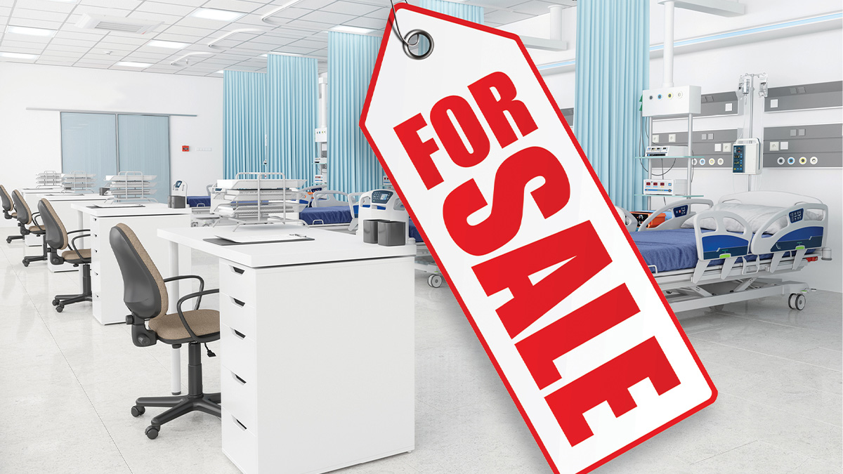 A red "For Sale" tag hangs over a hospital-style patient care area with beds, curtains and desks.