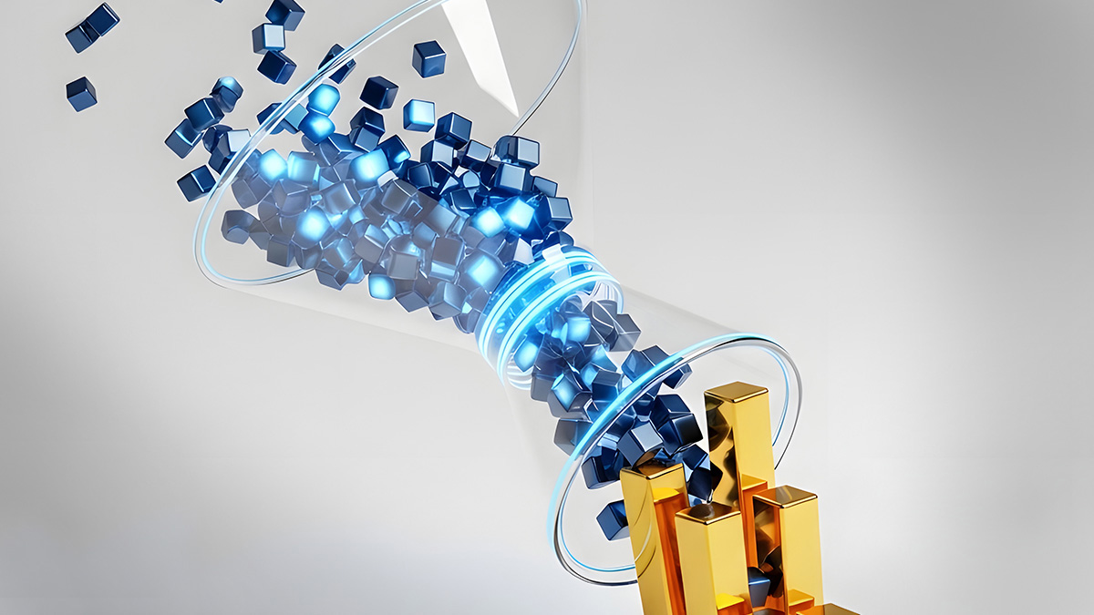 A digital illustration of blue data cubes flowing through a funnel and forming gold bar charts, representing data collection and performance measurement.