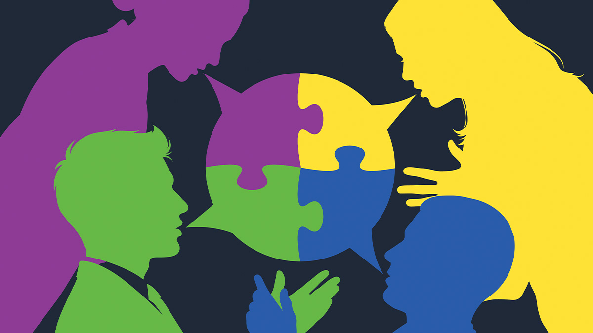 Colorful silhouettes of four people facing each other around a four-piece puzzle, illustrating the concept of communication and connection.