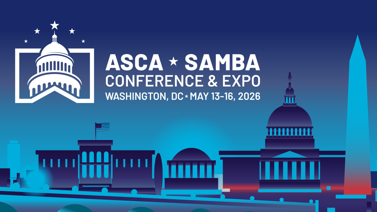 Promotional graphic for the ASCA + SAMBA Conference & Expo, Washington, DC, May 13–16, 2026, featuring an illustrated blue skyline of Washington, DC, with the U.S. Capitol dome and other landmarks.