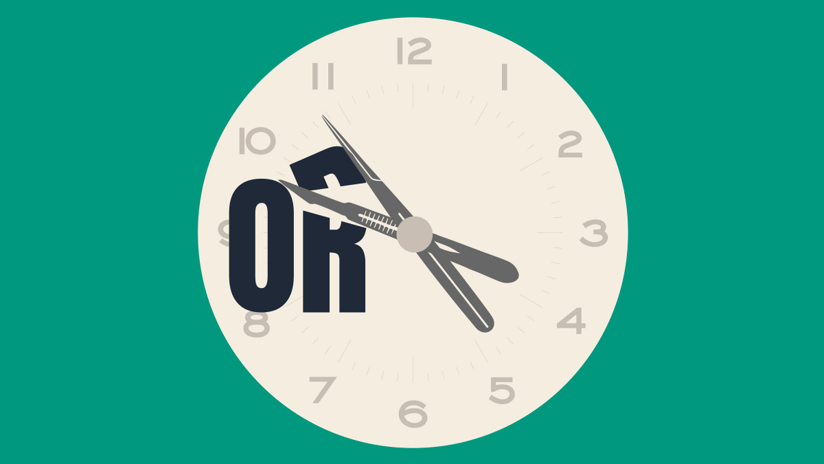 A clock with surgical forceps as the clock hands, on a teal background.