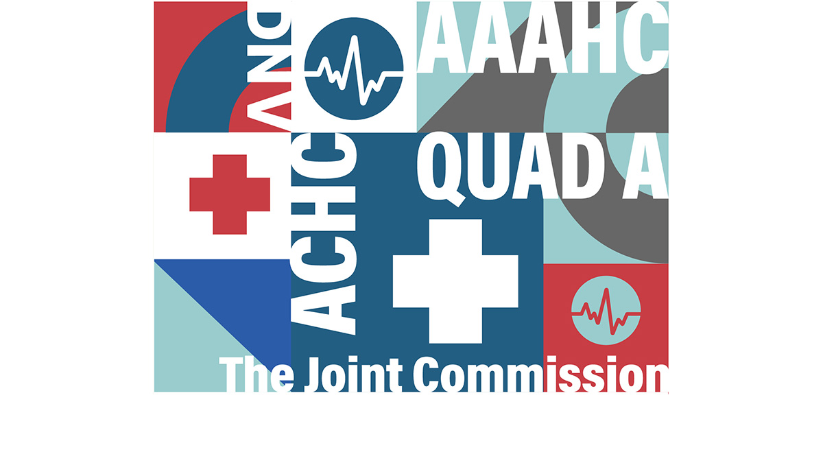A graphic featuring the logos and names of five healthcare accrediting organizations — ANQ, AAAHC, ACHC, Quad A, and The Joint Commission — arranged in a colorful geometric collage of blue, red, teal, and gray blocks.