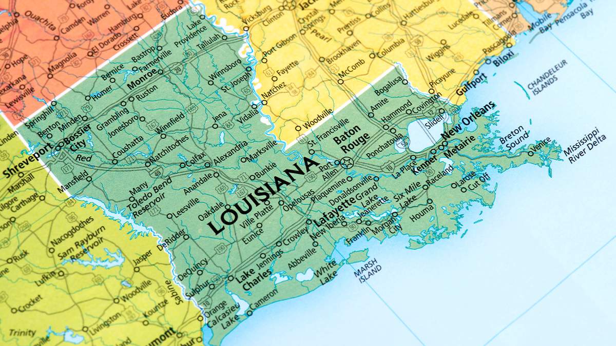 Map of Louisiana highlighting the state's parishes and major cities, including Baton Rouge, New Orleans, and Shreveport.
