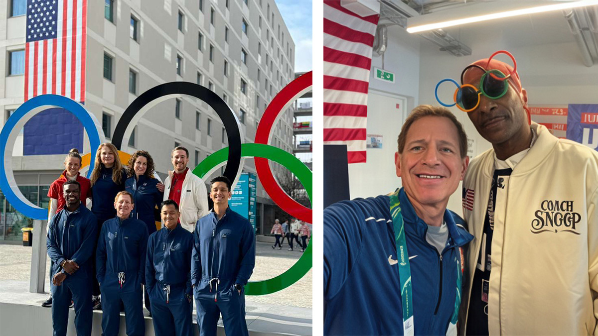 Two-panel photo from the 2026 Milan Cortina Winter Olympics. Left: David Weinstein, MD, poses with seven other Team USA medical staff members in front of the Olympic rings outside the athletes' village. Right: David Weinstein takes a selfie with a man wearing novelty Olympic-ring sunglasses and a jacket reading "Coach Snoop."
