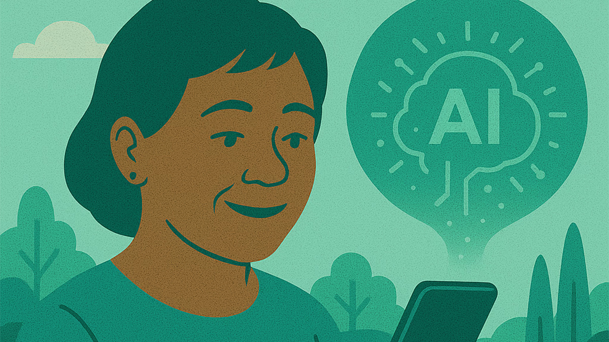 Illustrated person looking at a phone with an AI thought bubble above, set against a soft green outdoor background.