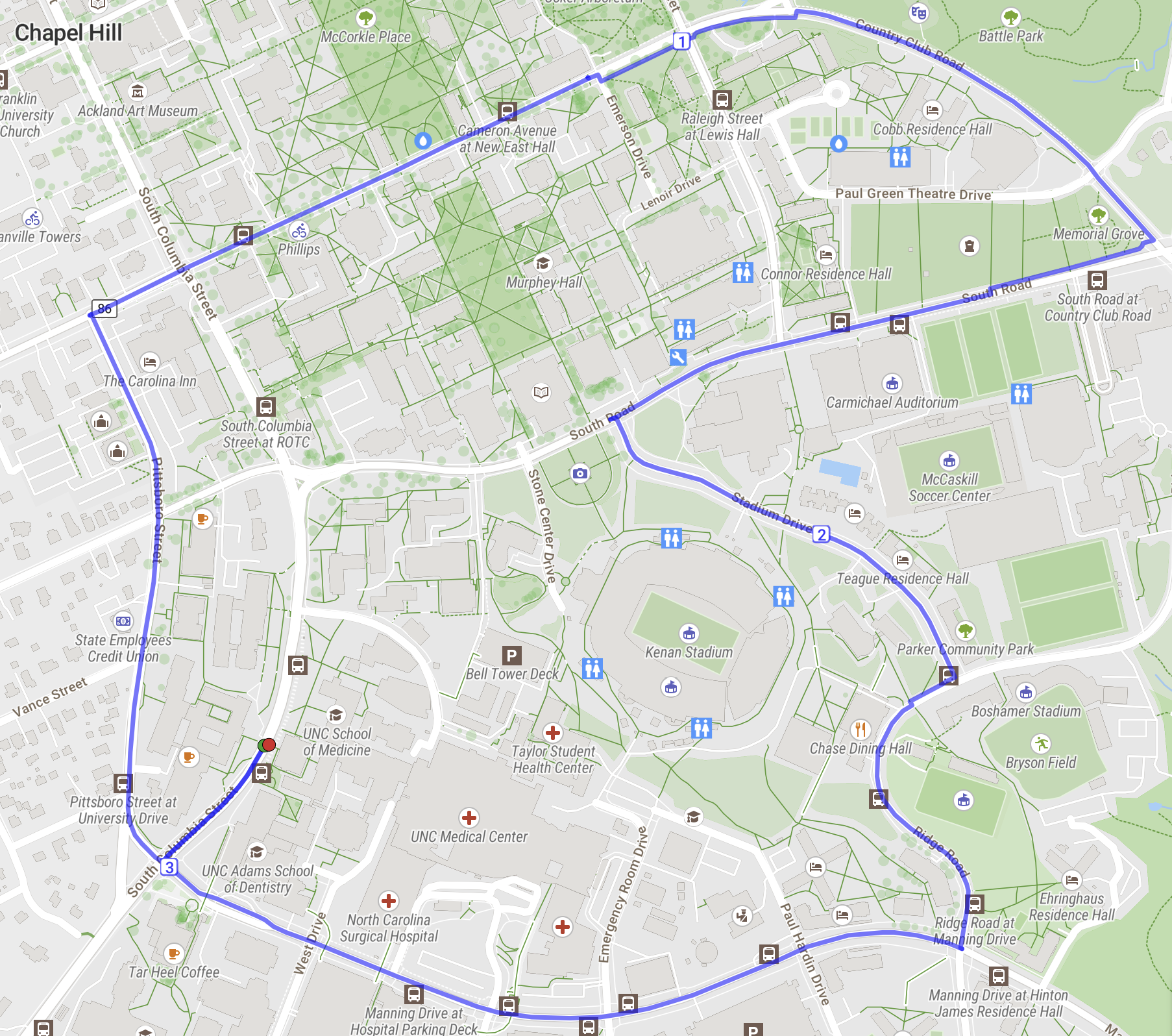 Map of Lab Week Run route in Chapel Hill