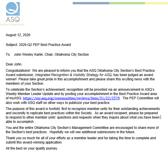 OKC Section was awarded Performance Excellence Program's Best Practice Award for Q2 of 2026!  This project spanned 5 years.