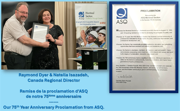 Ray Dyer receives the ASQ 75 years Proclamation from Natella Isazadeh, Canada Region Director
