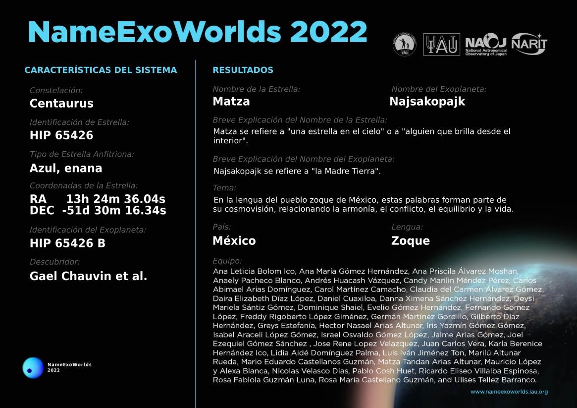 Ficha informativa del exosistema HIP 65426, que está en la constelación de Centaurus y cuyo planeta fue descubierto por Gael Chauvin y colaboradores. El tema para este exosistema son palabras que representan la cosmovisión del pueblo zoque, y se relacionan con la armonía, el conflicto, el equilibrio y la vida.
