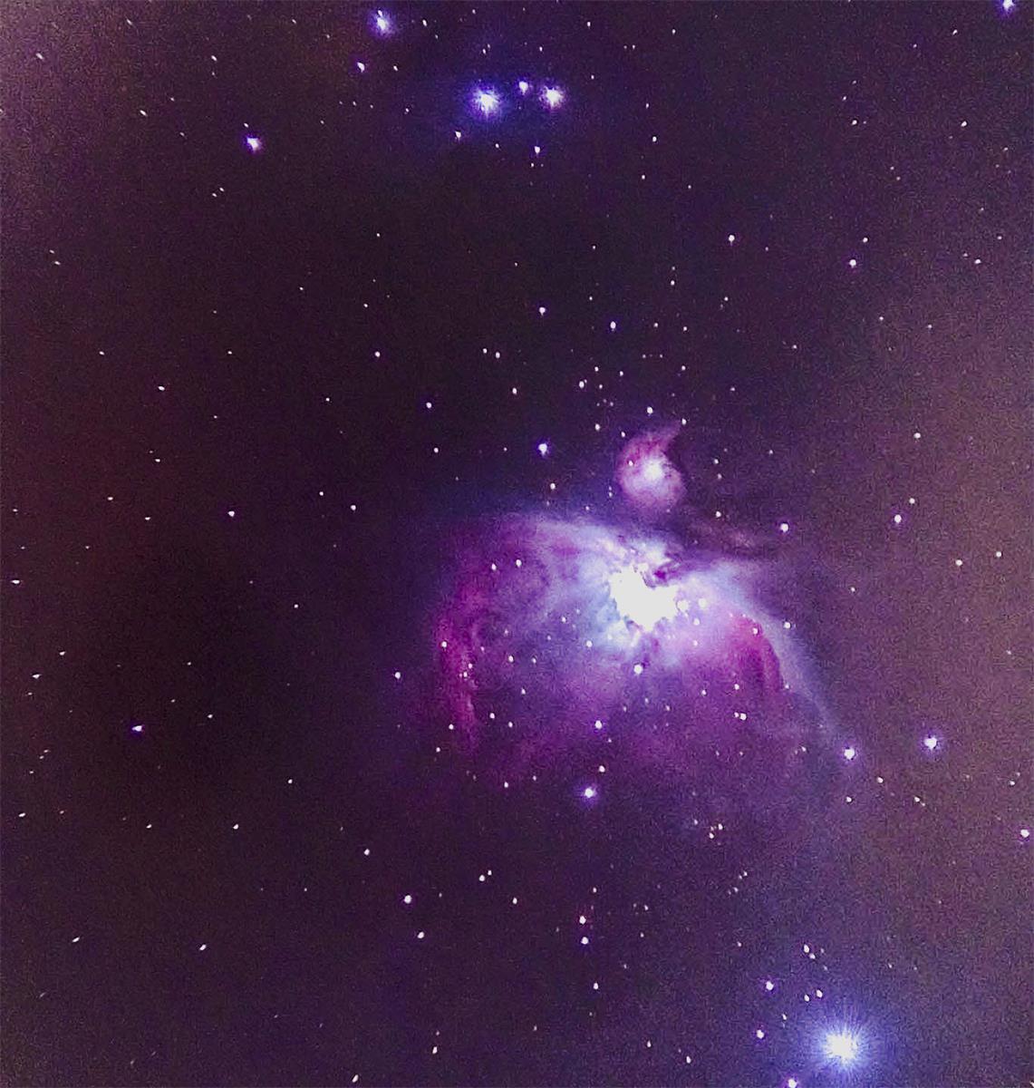 Orion Nebula. Image Stacked from 50 smartphone images, mounted on NeXYZ adapter on Orion ED 80 Refreactor.