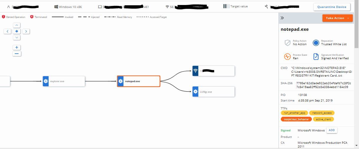 The application notepad.exe communicated on the network and has