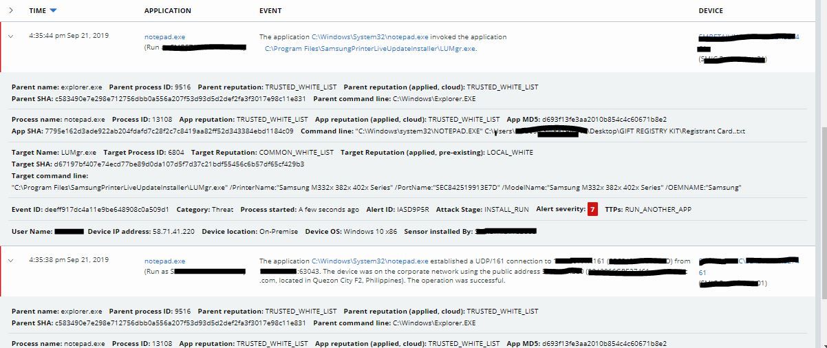 The application notepad.exe communicated on the network and has