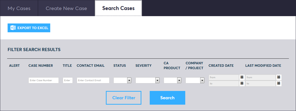 CA incident management - 'search cases' screen