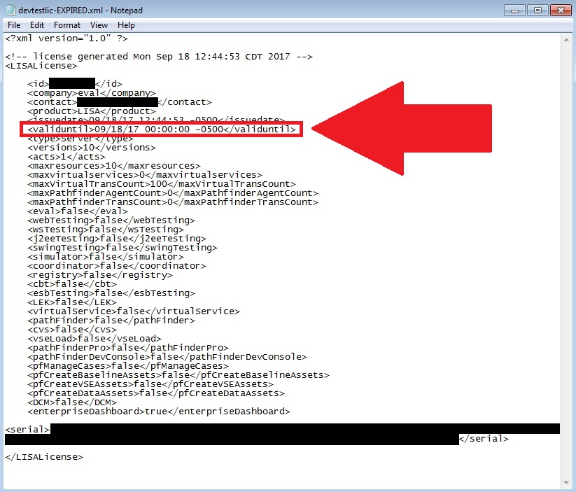 Example DevTest expired license key file contents